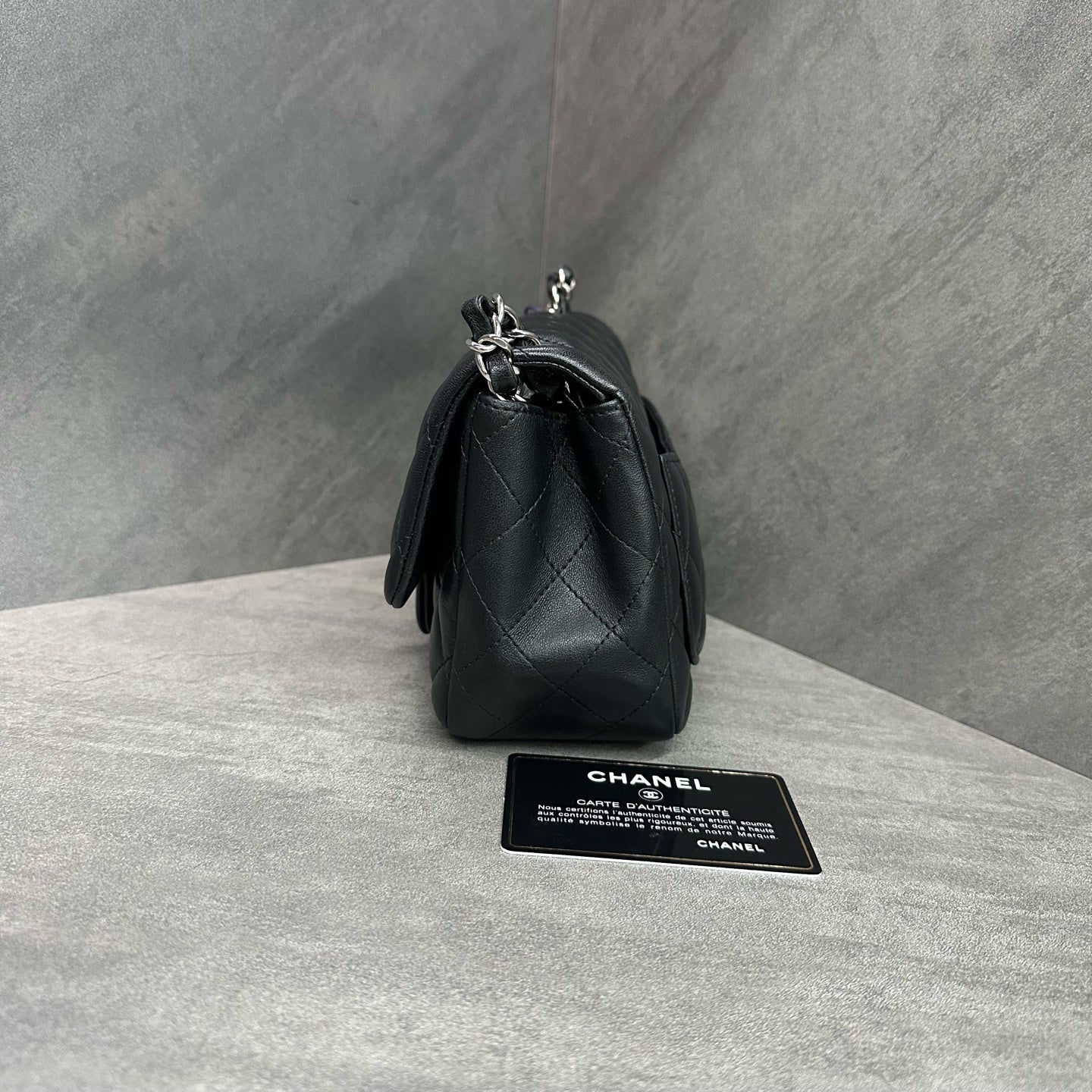Chanel CF Square Flap Bag Black and Silver Lambskin Chain Bag 28 with Card. The bag has a structured shape and a clean interior.