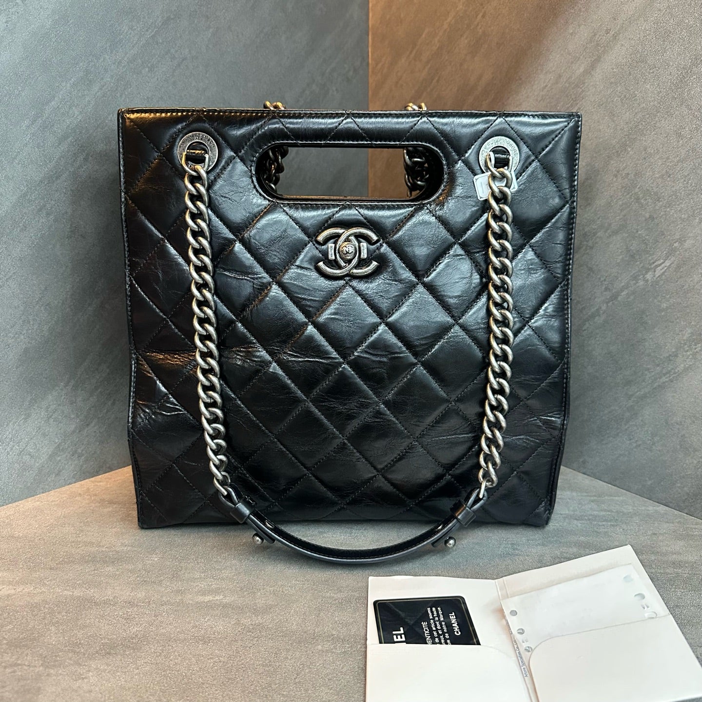 Chanel/ Chanel Mumbai collection black and silver chain tote bag, 23K strap, cassette ticket, original condition