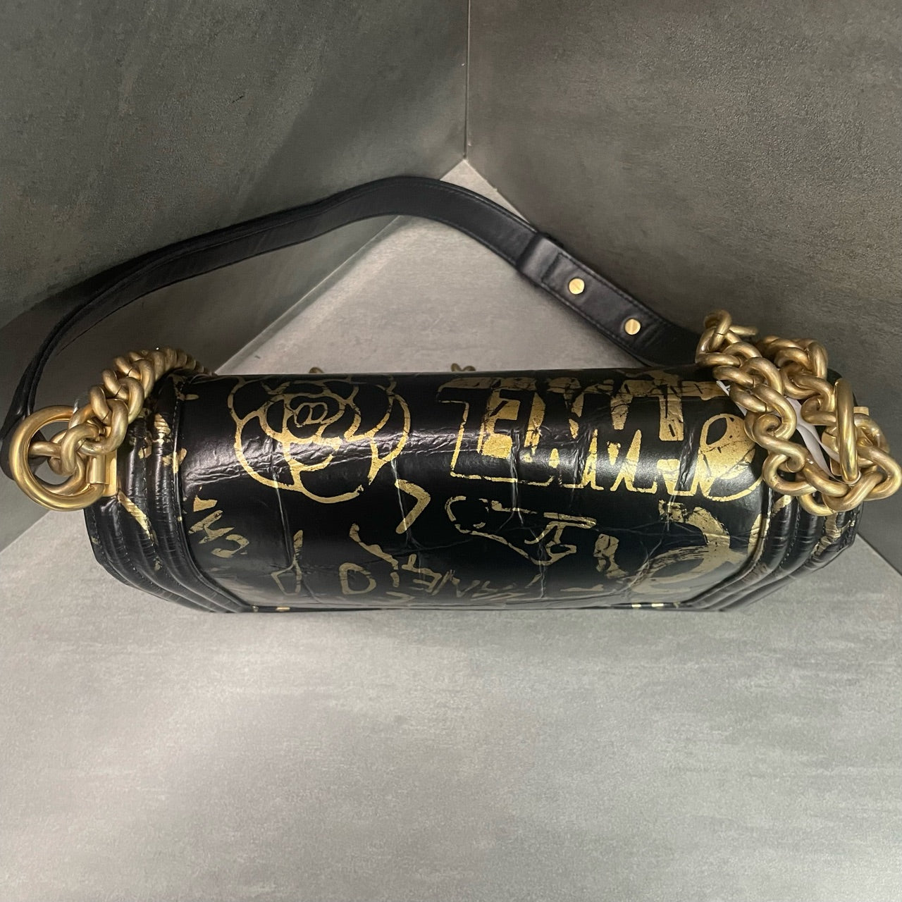 Chanel Limited Edition Discontinued Egypt Series Medium Le Boy, Black Gold Crocodile Embossed Graffiti Gilded, 28 Open, No Wear on Four Corners