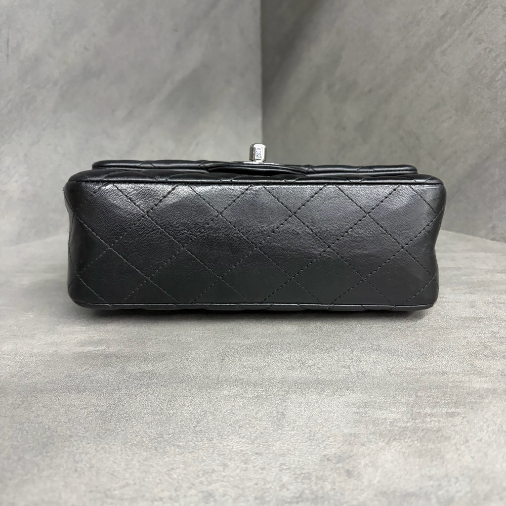 Chanel CF Mini Black and Silver Lambskin, 23 Open, No Card, Structured Shape, Clean Interior.