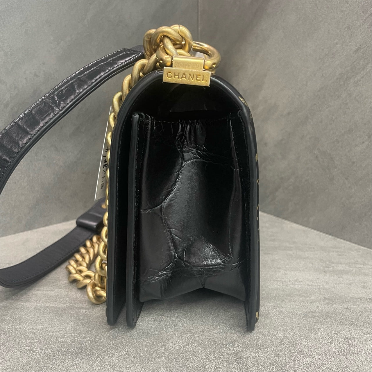 Chanel Limited Edition Discontinued Egypt Series Medium Le Boy, Black Gold Crocodile Embossed Graffiti Gilded, 28 Open, No Wear on Four Corners