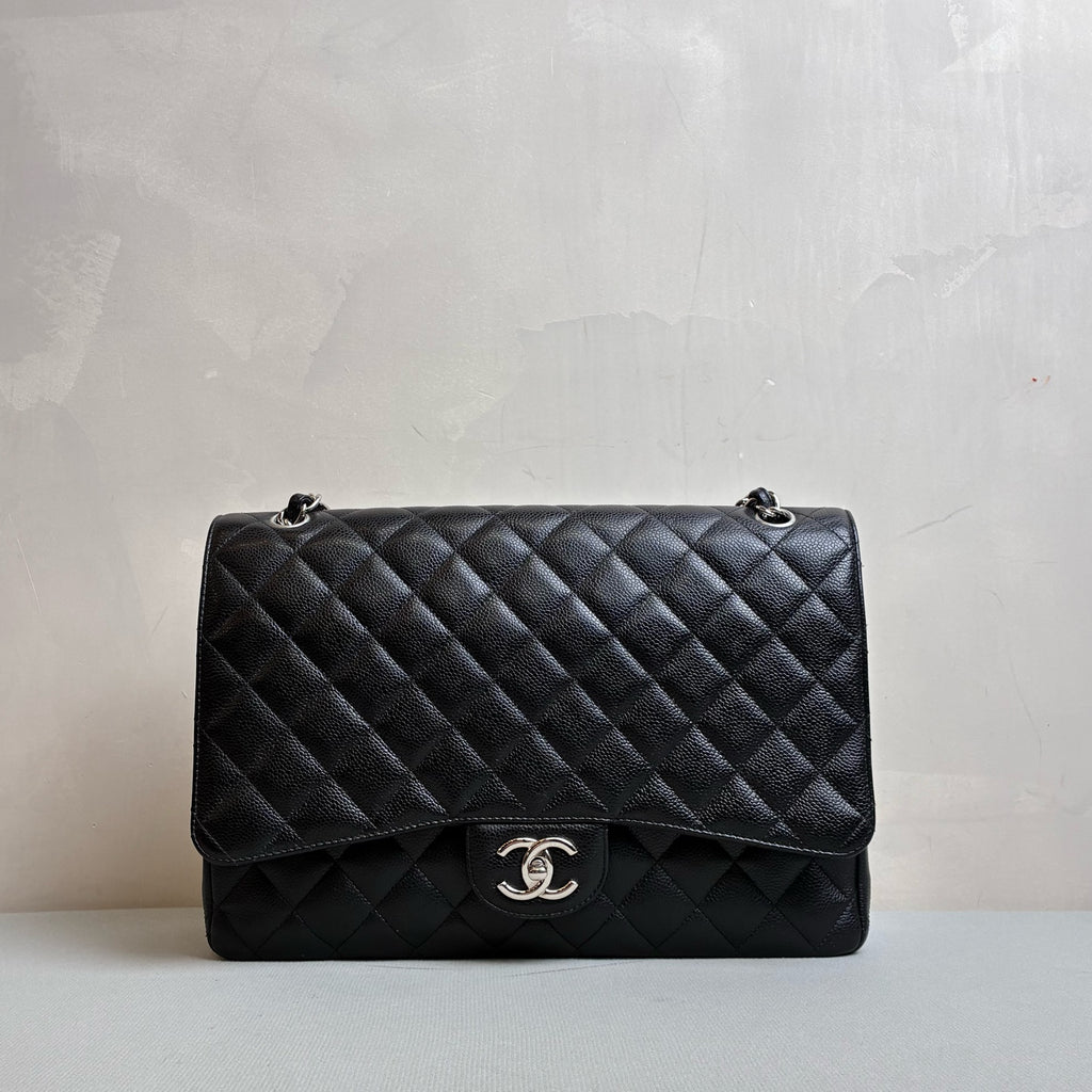Chanel 99% New CF Maxi 23 Open Black and Silver Litchi Leather Chain Bag Size 33*23