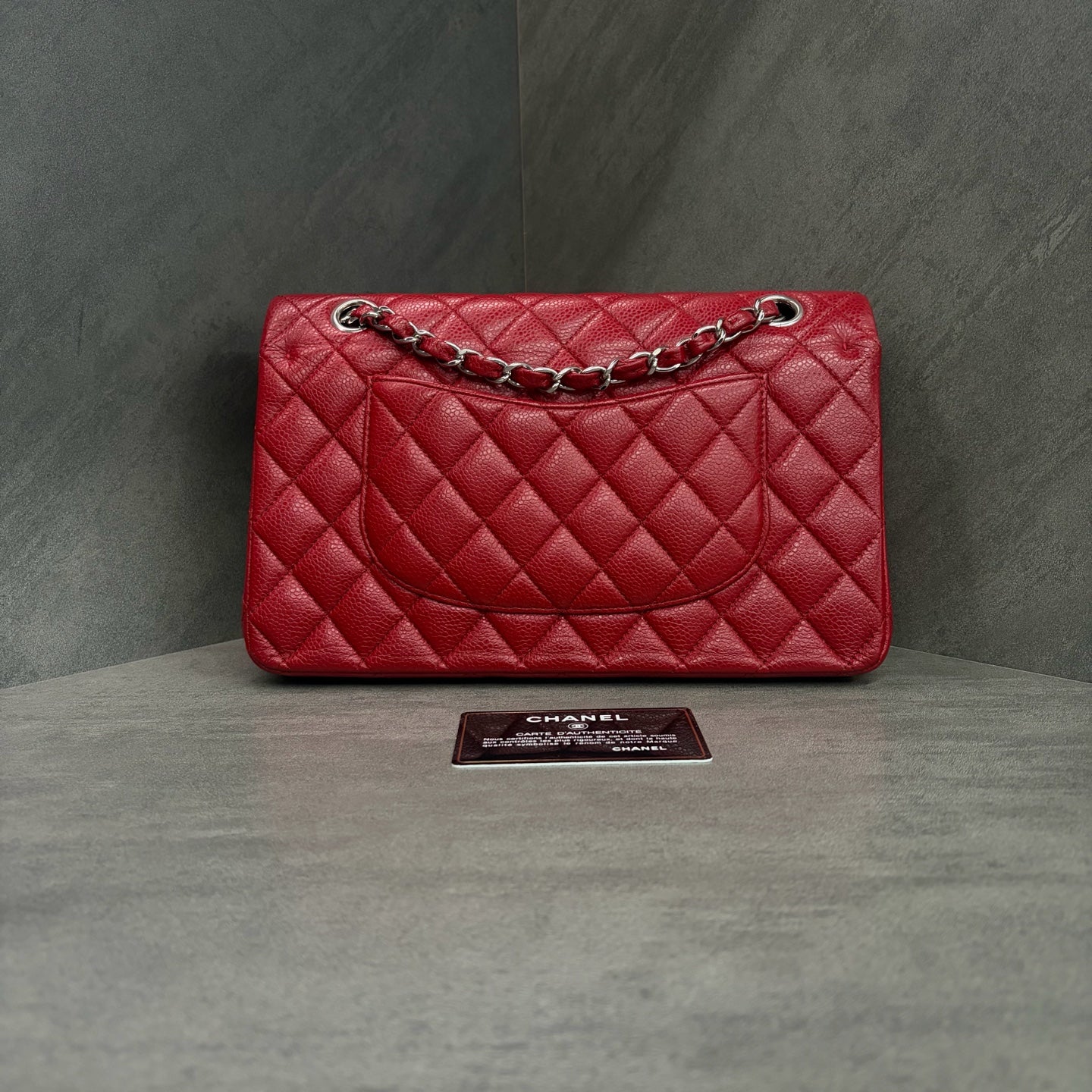 CHANEL red lychee pattern cf medium size 14 with warranty card in original condition