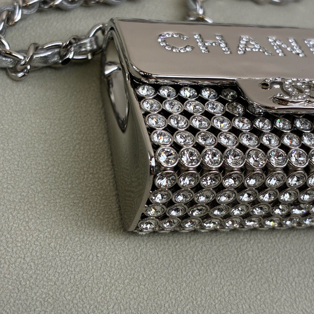 Chanel tiny bag mini silver full rhinestone necklace bag gray lambskin chain water crystal inlay size 6*