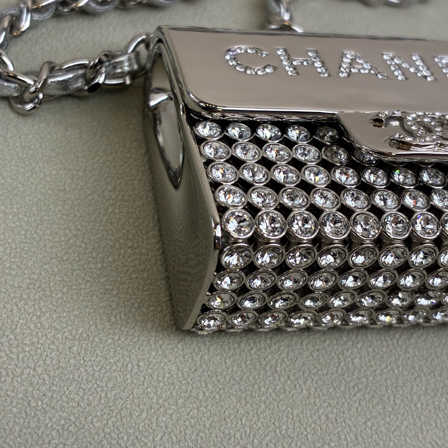 Chanel tiny bag mini silver full rhinestone necklace bag gray lambskin chain water crystal inlay size 6*