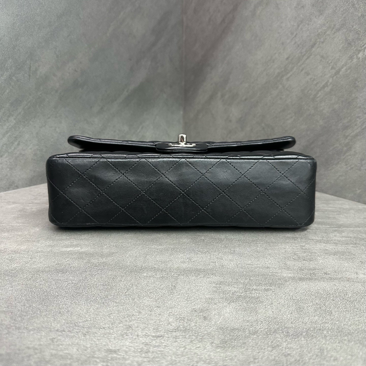 Chanel CF Medium Black and Silver Lambskin Chain Bag 27 Open, structured design, clean interior.