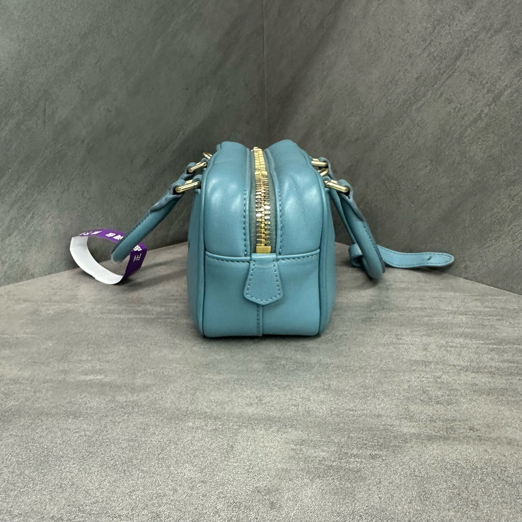 miumiu Miu Miu small bowling bag, sky blue, with shoulder strap, in stock at a favorable price