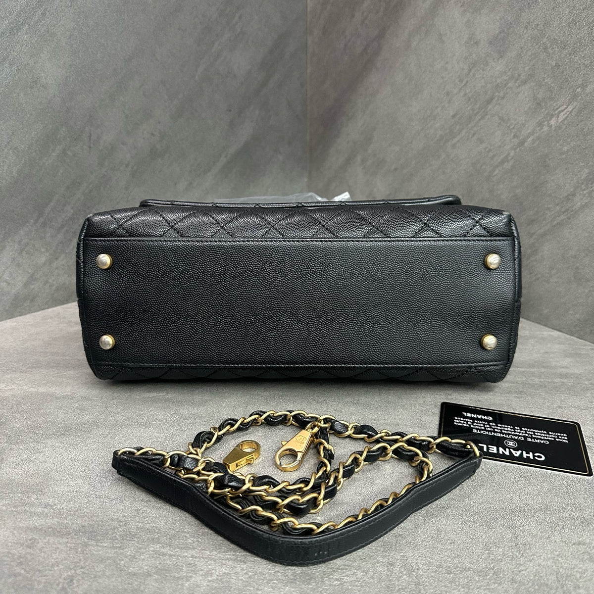 Chanel Coco Handle Medium Black Gold Lizard Handle Laser 24K with Card