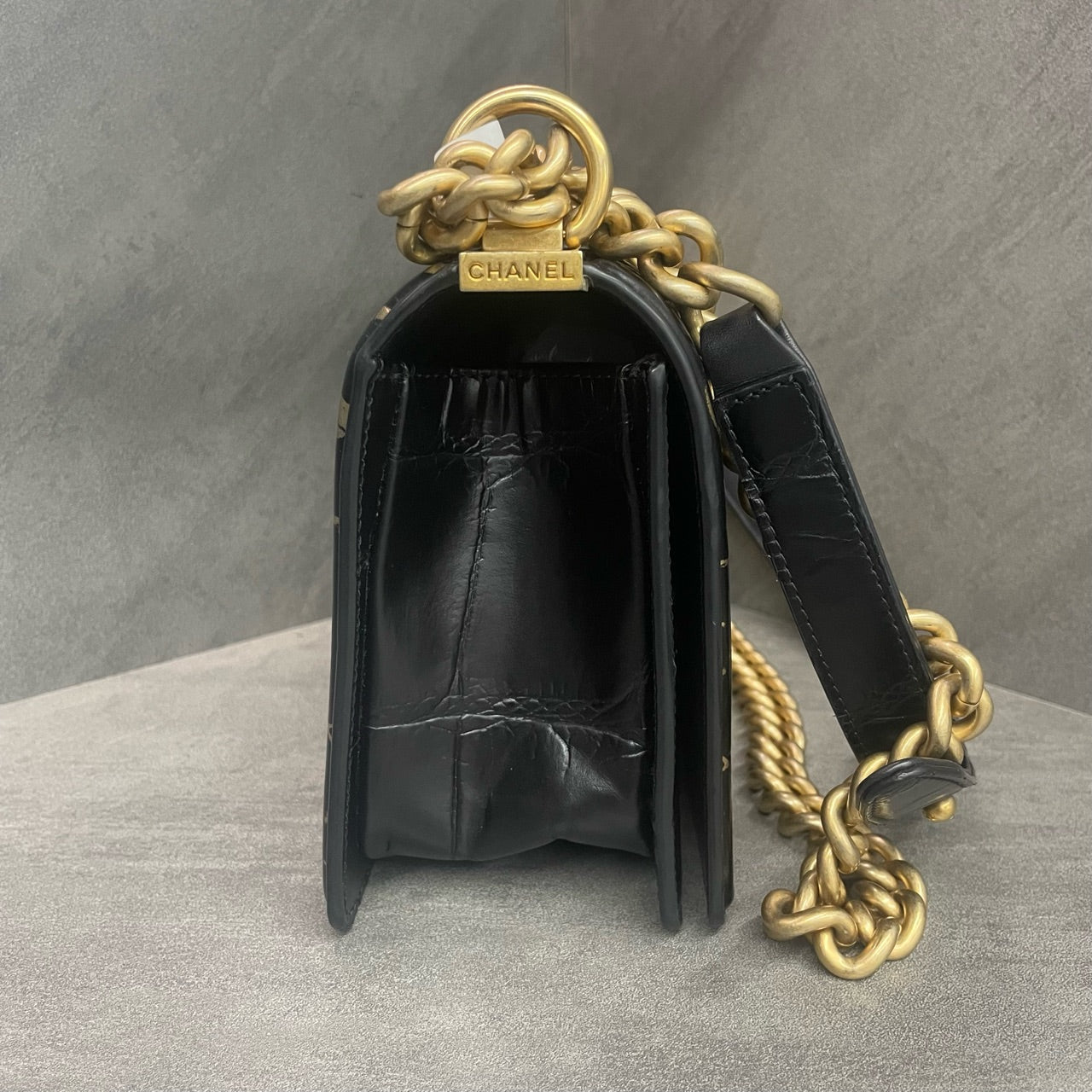 Chanel Limited Edition Discontinued Egypt Series Medium Le Boy, Black Gold Crocodile Embossed Graffiti Gilded, 28 Open, No Wear on Four Corners