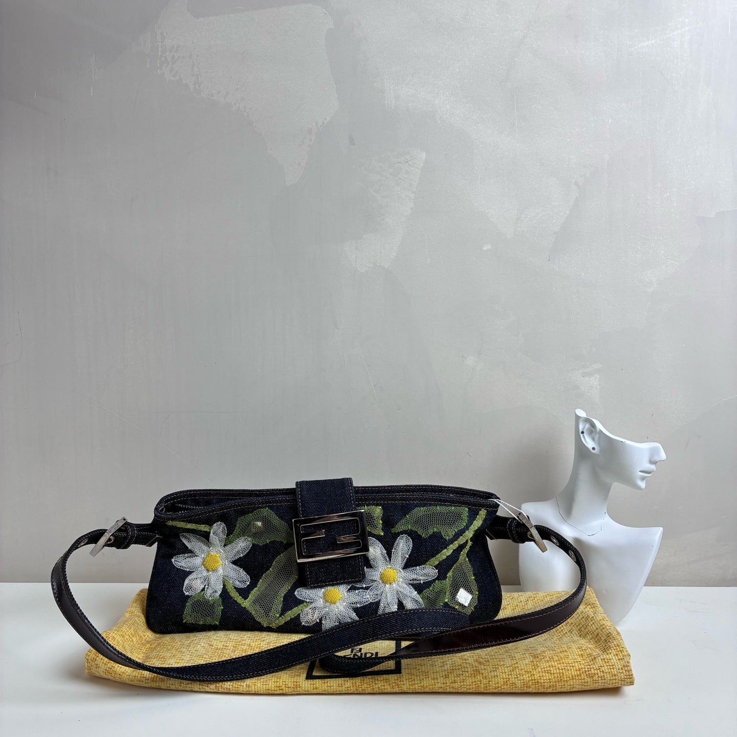 Fendi Baguette Denim Lace Flower Baguette Crossbody Bag 99% New Size: 30*12 Dark Blue