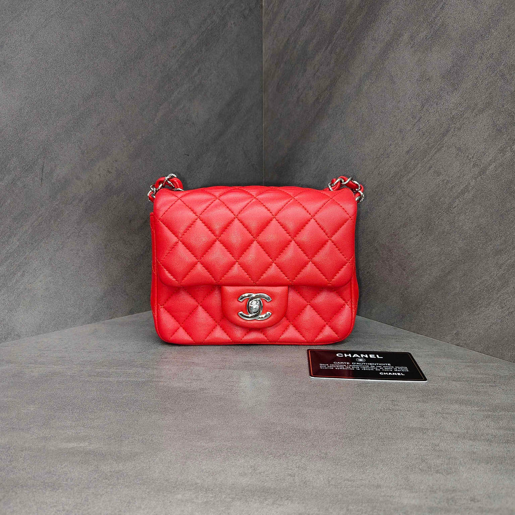 Chanel CF Square Flap Bag in Red Silver Lambskin with Chain, Size 27, comes with card, structured shape, and clean interior.