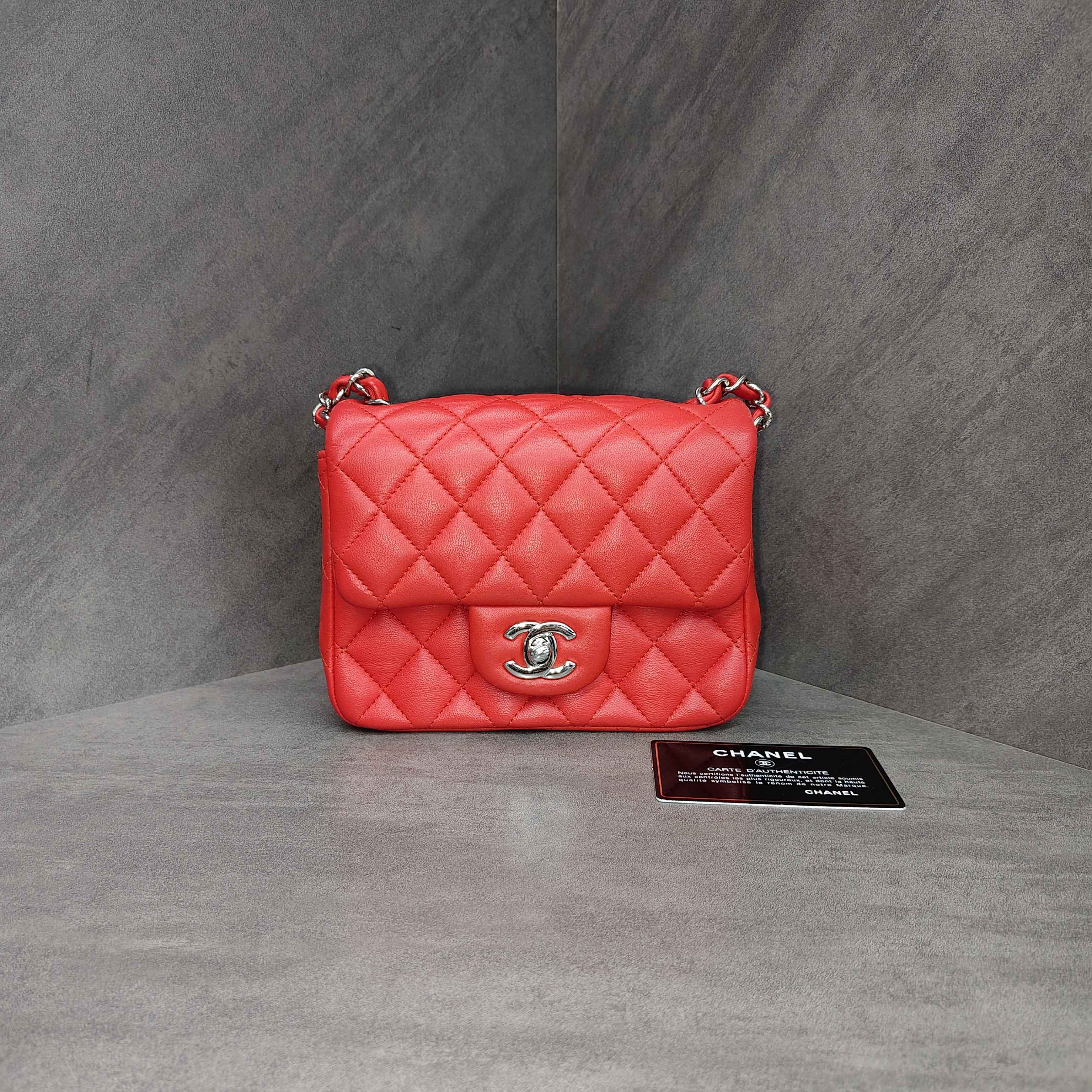 Chanel CF Square Flap Bag in Red Silver Lambskin with Chain, Size 27, comes with card, structured shape, and clean interior.