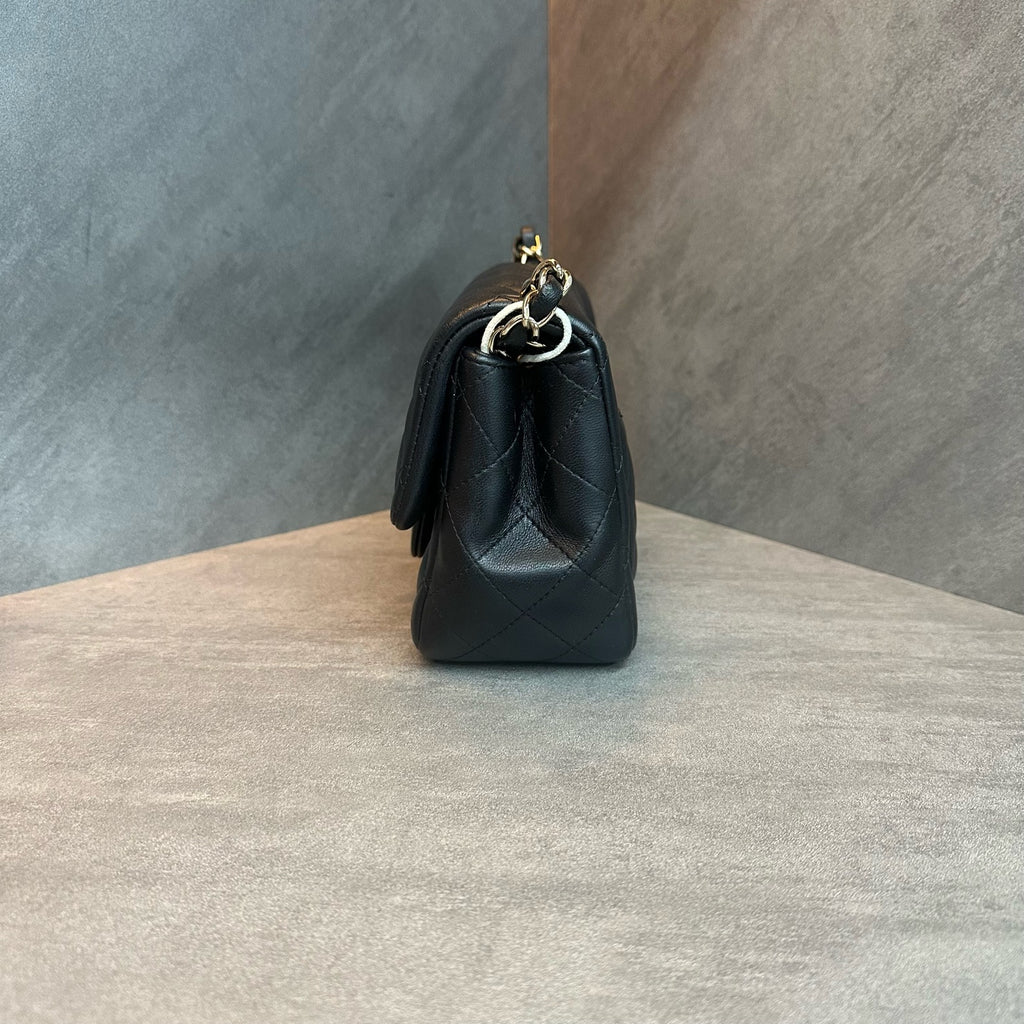 Chanel CF Square Flap Bag, black-gold lambskin with chain, 30-series code, structured shape, clean interior