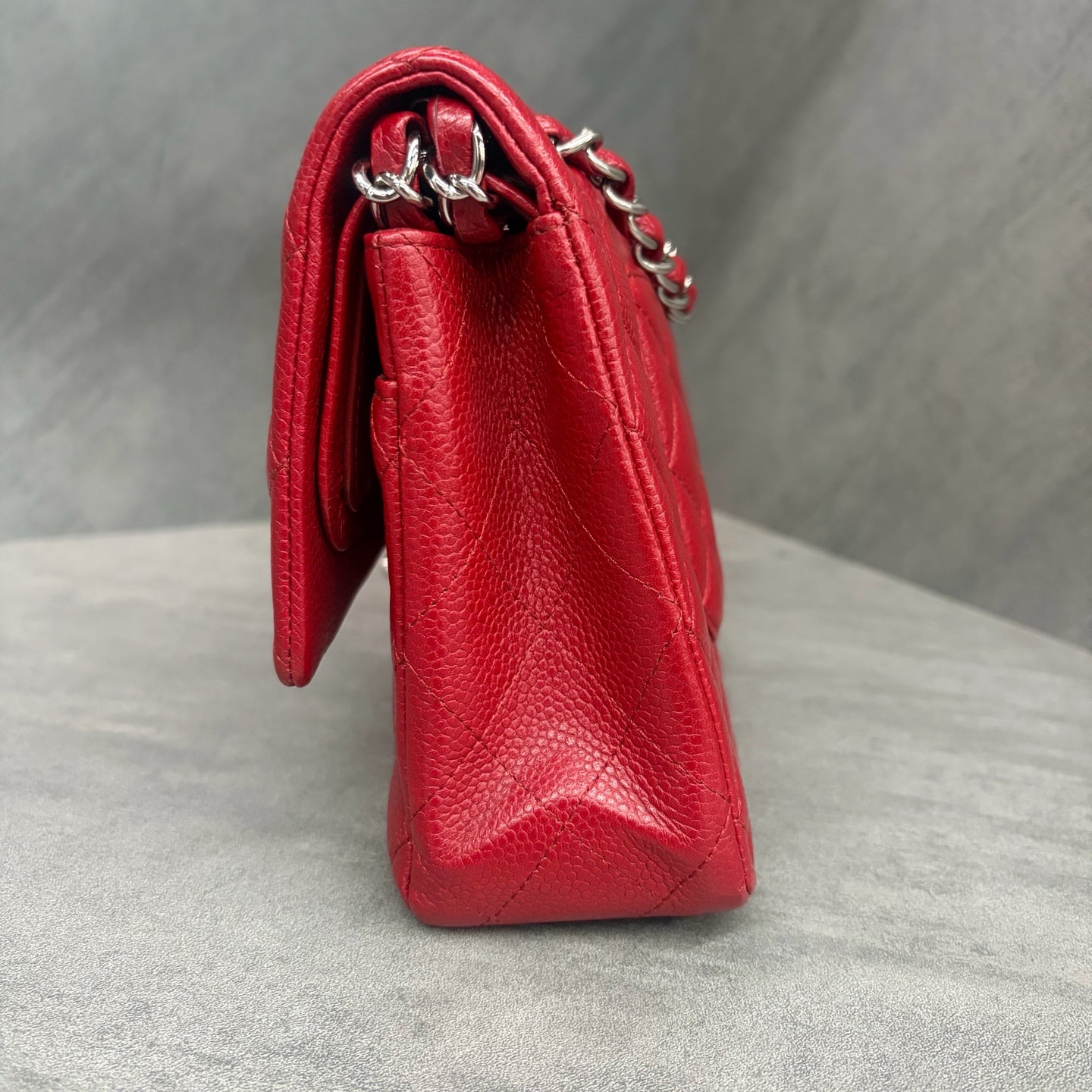 CHANEL red lychee pattern cf medium size 14 with warranty card in original condition