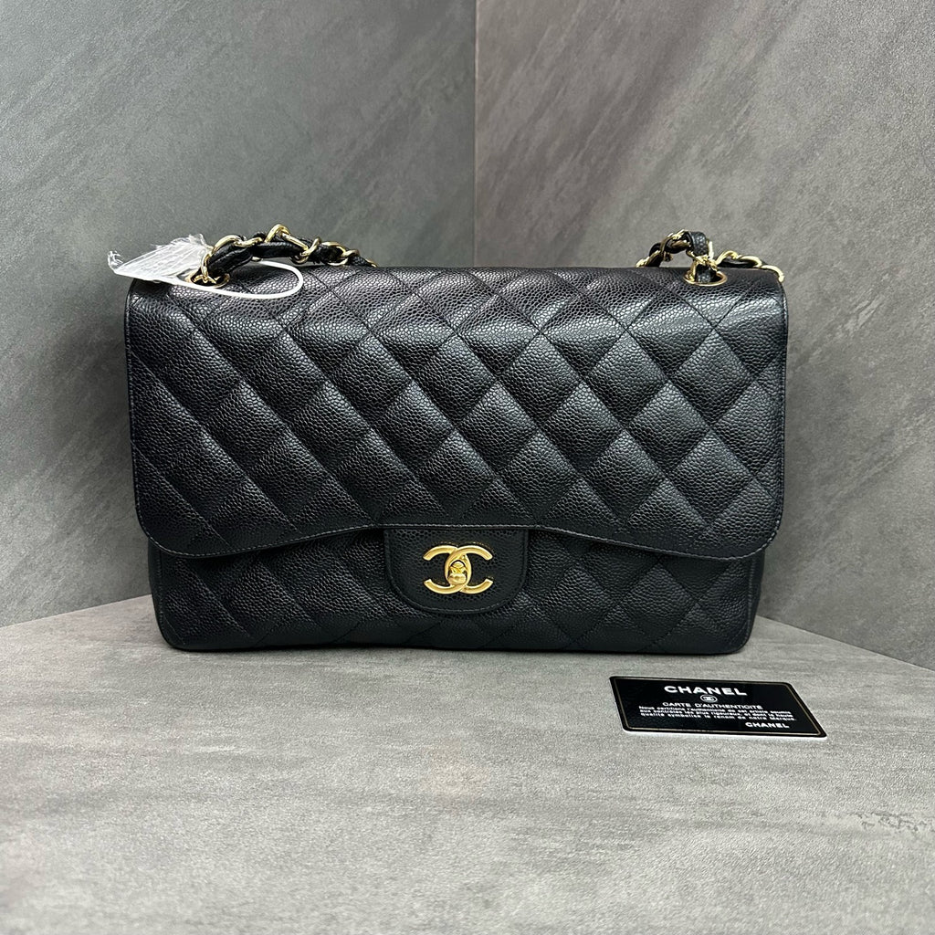 Chanel CF Jumbo Black and Gold Litchi Leather Chain Bag, 14-inch with Card, Structured Shape, Clean Interior.