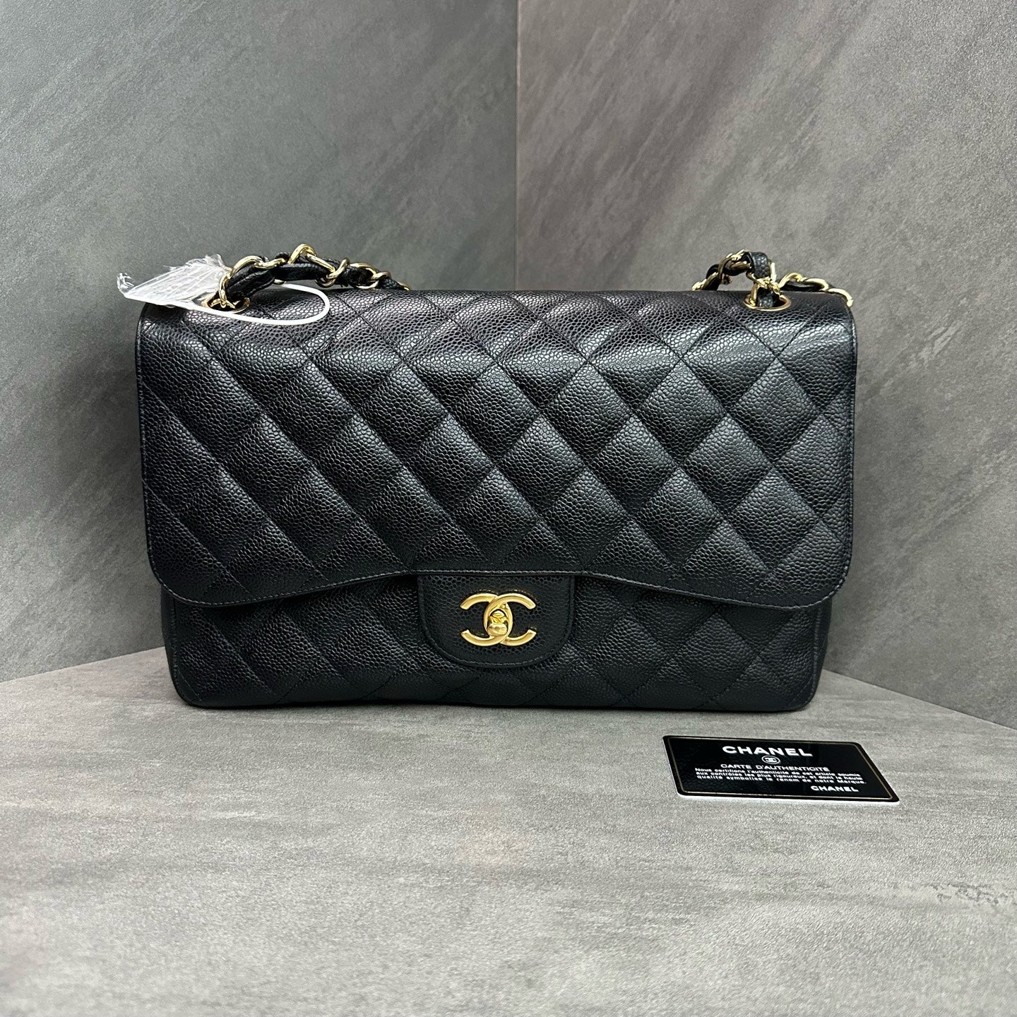 Chanel CF Jumbo Black and Gold Litchi Leather Chain Bag, 14-inch with Card, Structured Shape, Clean Interior.