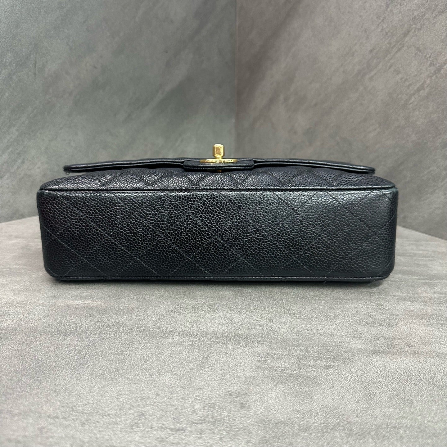 Chanel CF Medium Black Gold Litchi Leather Chain Bag 17 Series, Structured Shape, Clean Interior.