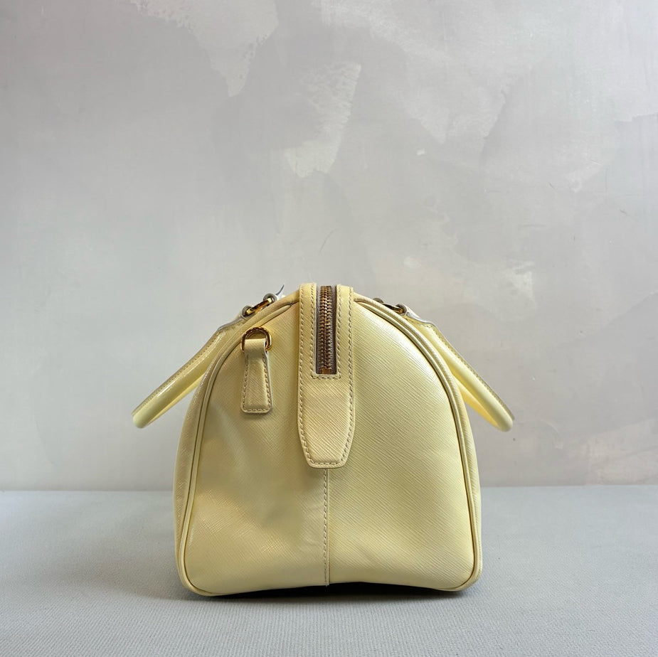 Prada 98% New Chick Yellow Patent Leather Boston Tote Handbag Crossbody Bag Saffiano Texture Size 32*17