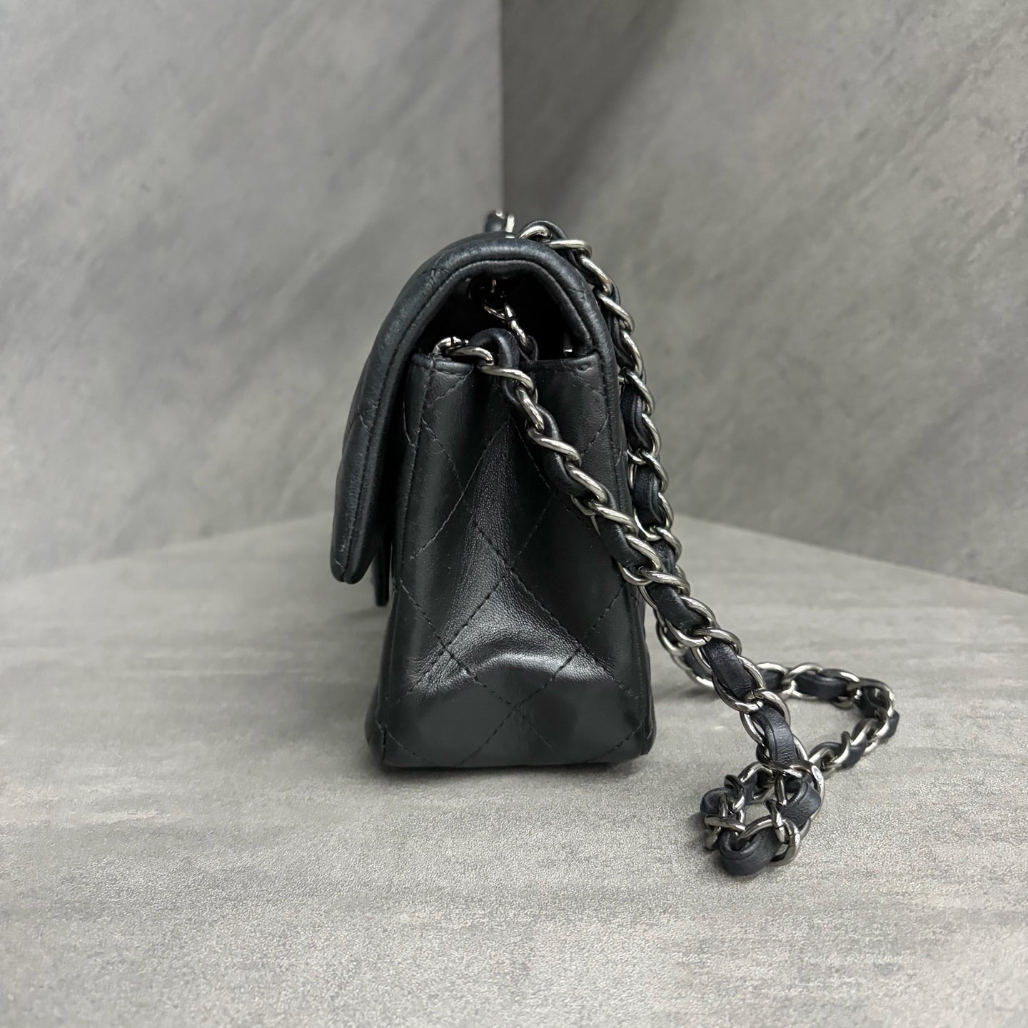 Chanel CF Mini, black and silver lambskin, 23 series no card, structured shape, clean interior