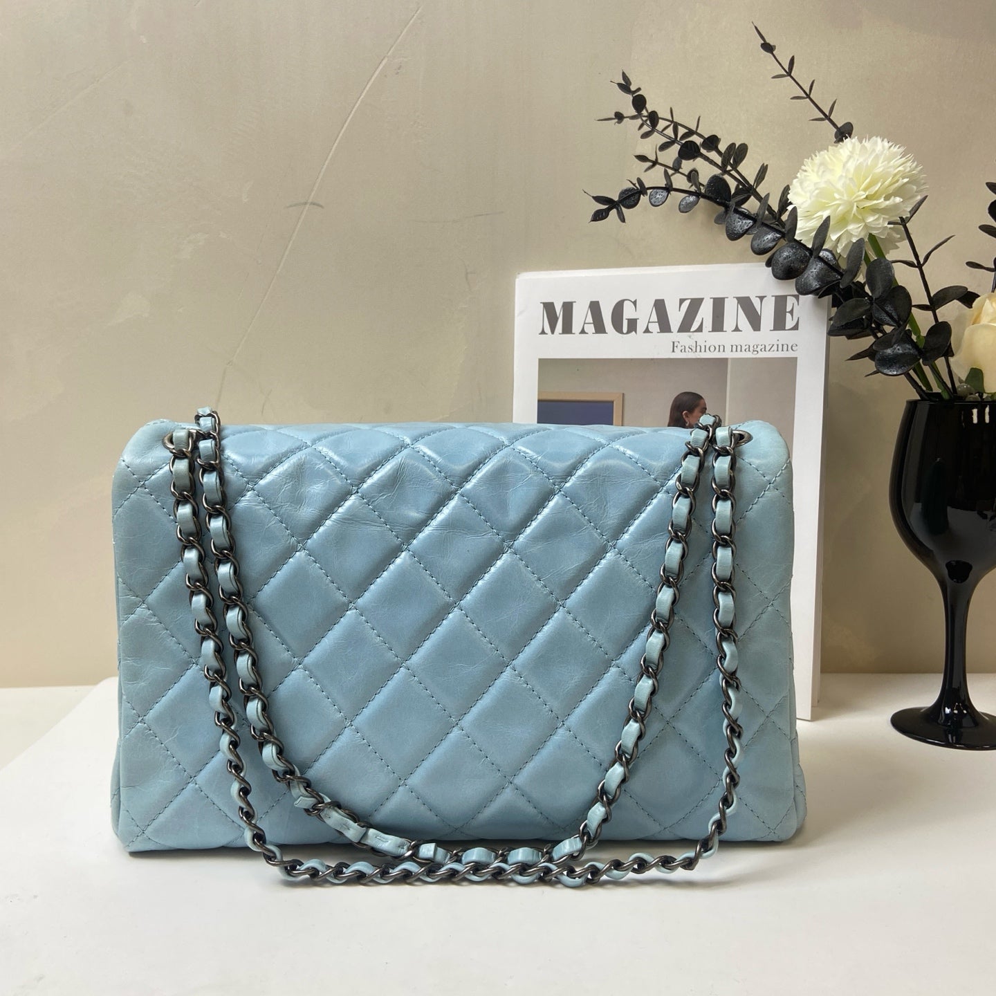 Chanel Blue Lambskin Jumbo CF Shoulder Bag 20, in 98% New Condition, Size 30.5*20.