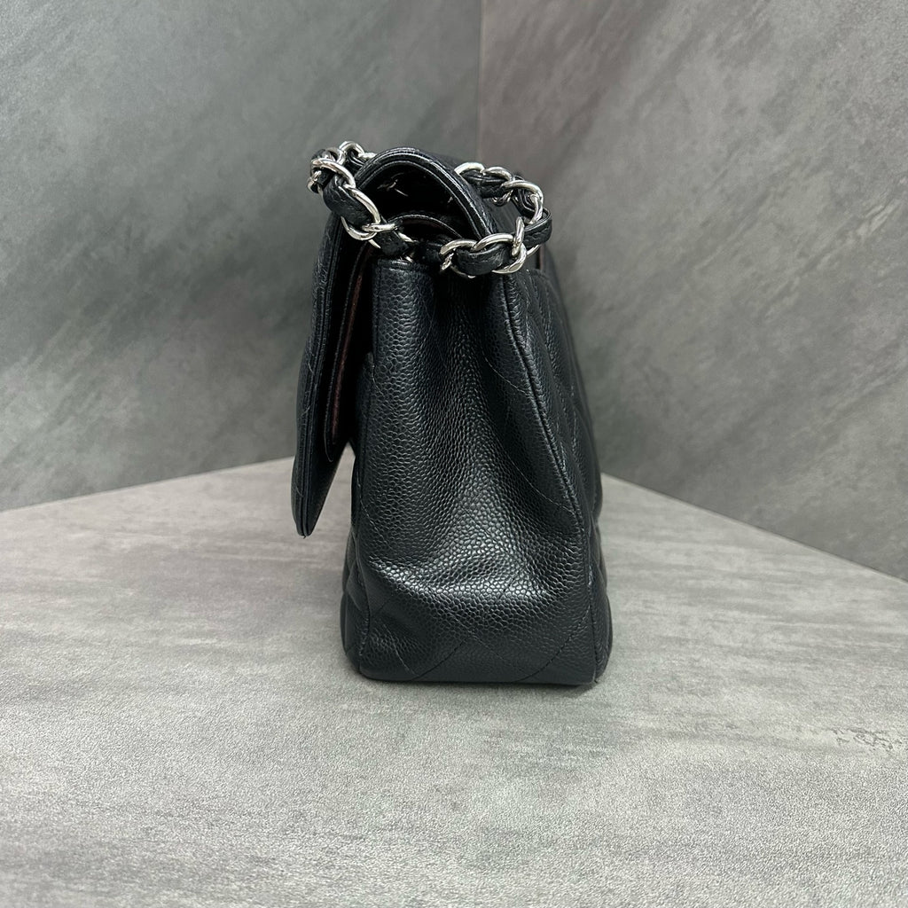 Chanel CF Jumbo Large Black and Silver Litchi Cowhide 14 Series Original Condition