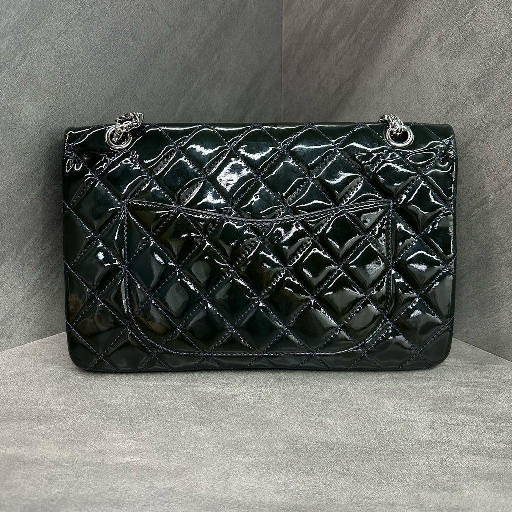 Chanel 2.55 Navy Blue Gold Hardware Patent Leather Chain Bag Size 13 Structured Design Clean Interior