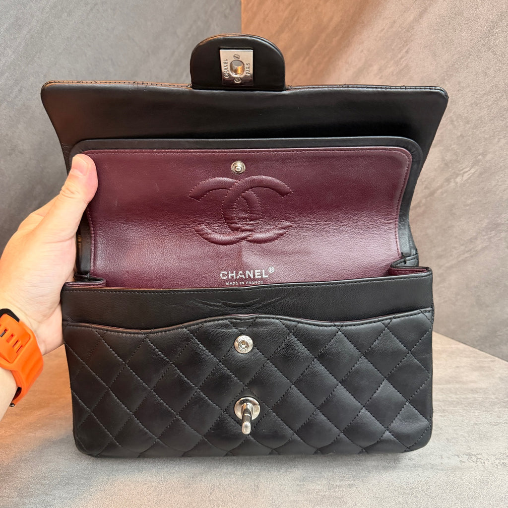 Chanel Classic Flap medium black silver lambskin bag, structured silhouette, clean interior, 15-series stamp with authenticity card