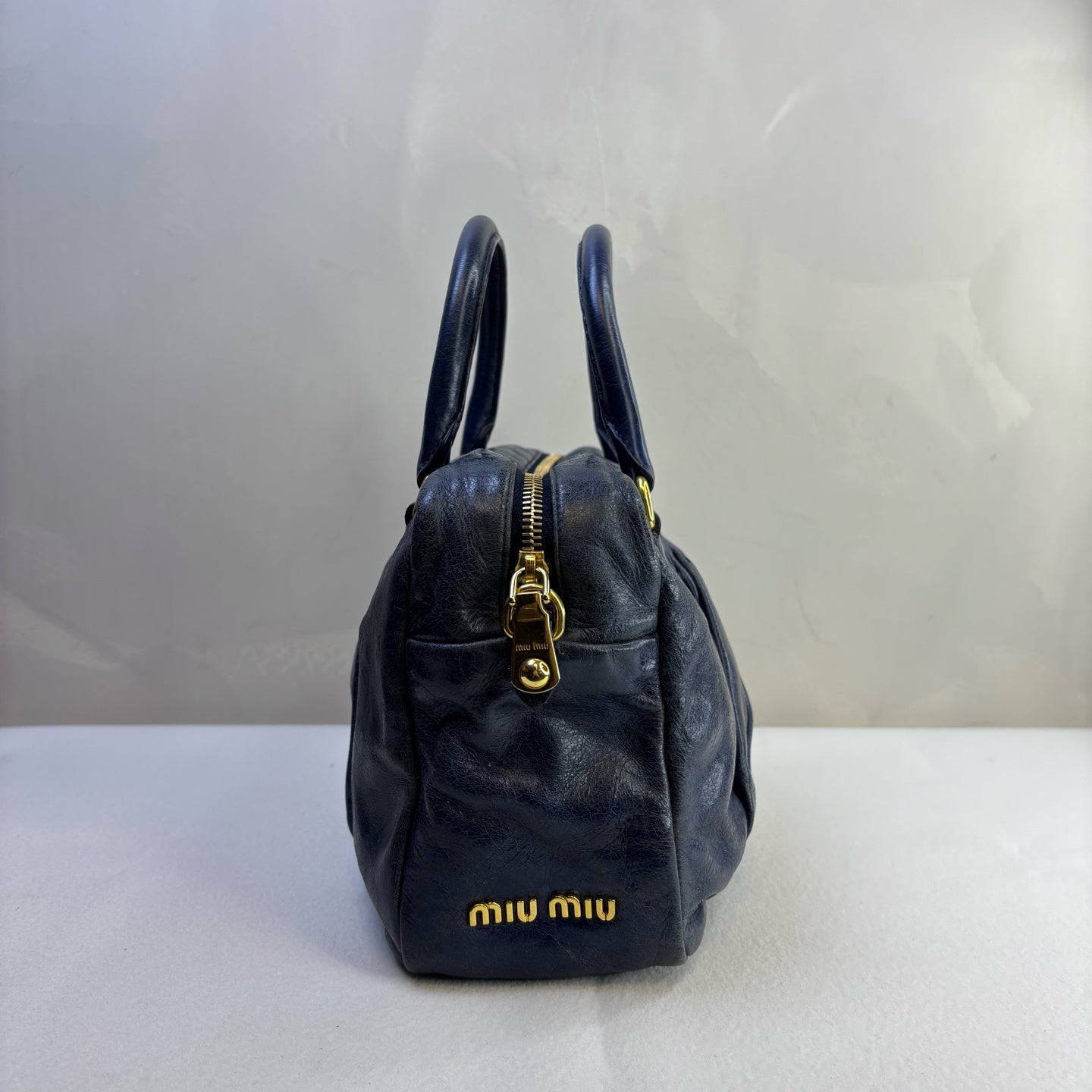 Miu Miu Blue Ruched Oil Wax Leather Tote Crossbody Bag Size 27*20 Excellent Condition 98% New
