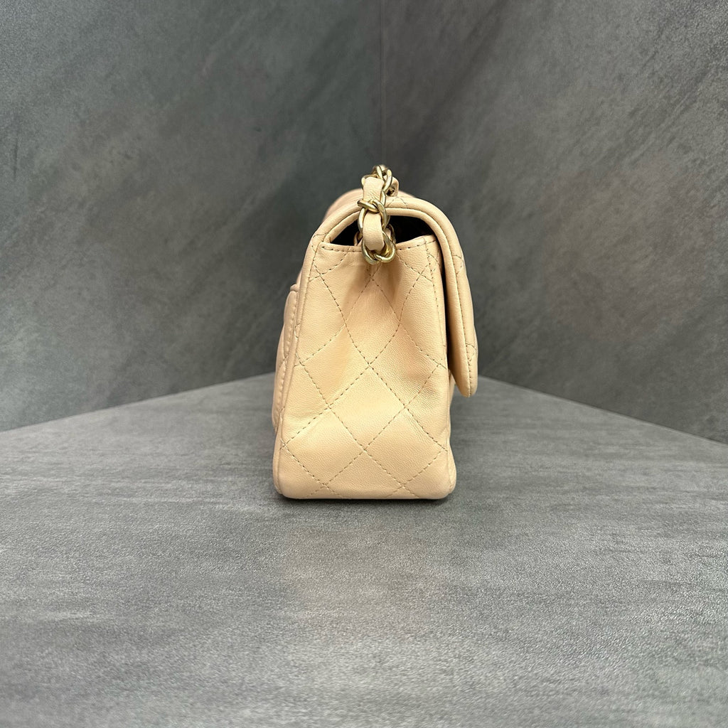 Chanel CF Square Bag in Metallic Gold Lambskin with Chain 27cm, structured shape, clean interior.
