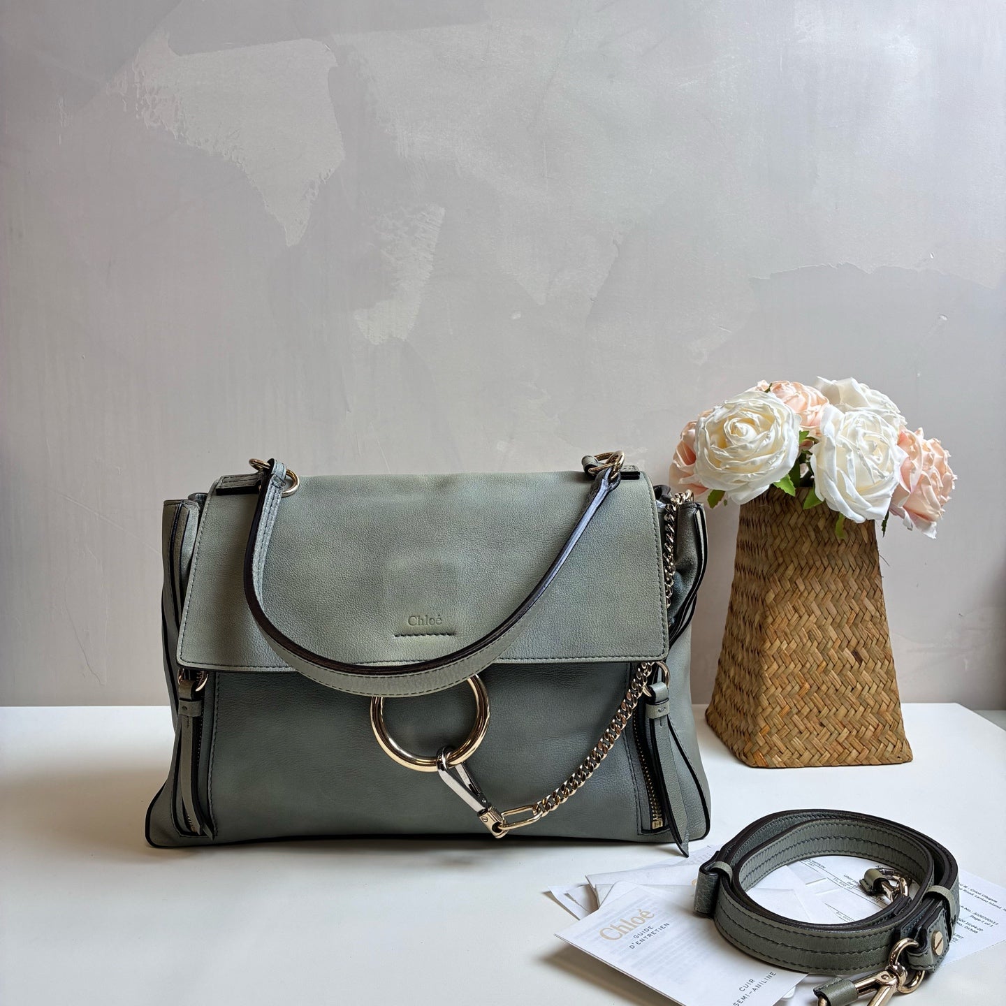 Chloe Faye Calfskin and Suede Mint Green Shoulder Crossbody Bag 98% New Size: 33X20X13 Accessories: Detachable Shoulder Strap