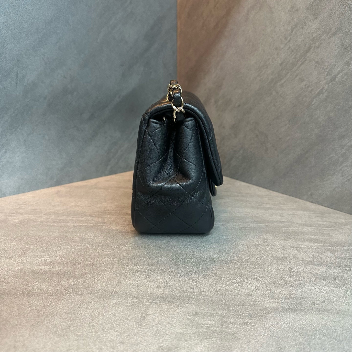 Chanel CF Square Flap Bag, black-gold lambskin with chain, 30-series code, structured shape, clean interior