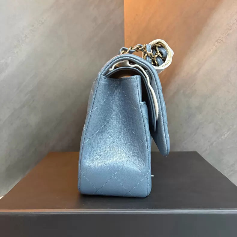 Chanel sky blue pebbled leather Cf Jumbo gold hardware