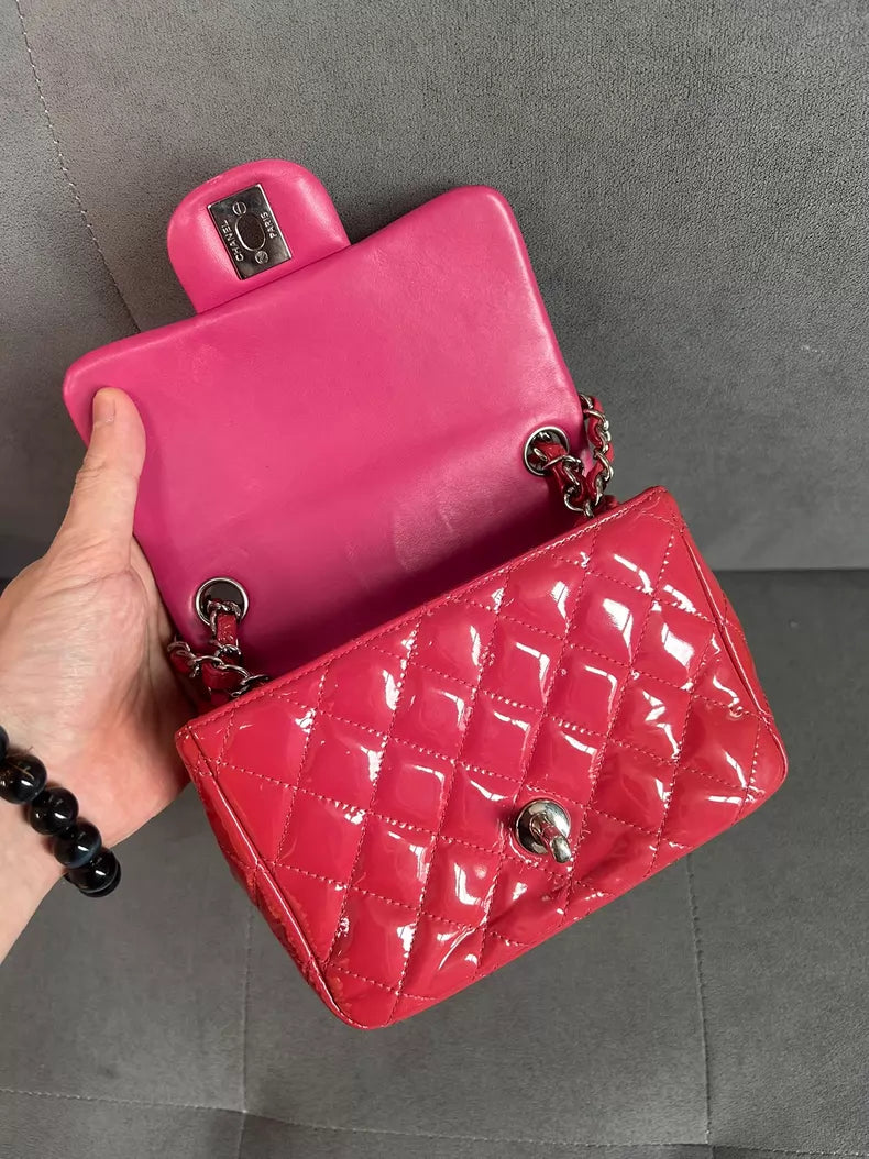CHANEL Chanel CF patent leather hot pink silver hardware