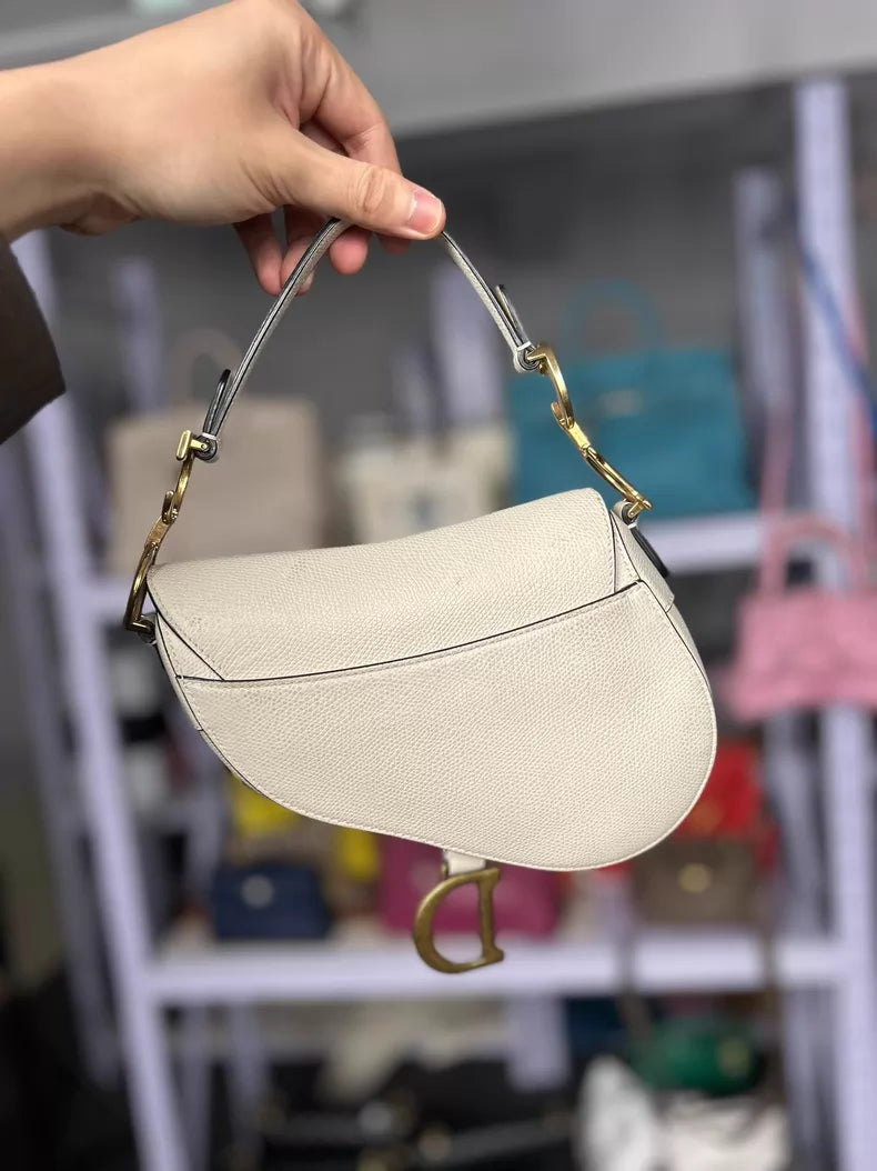 Dior+ Dior + + small + white pebbled leather leather gold hardware handbag