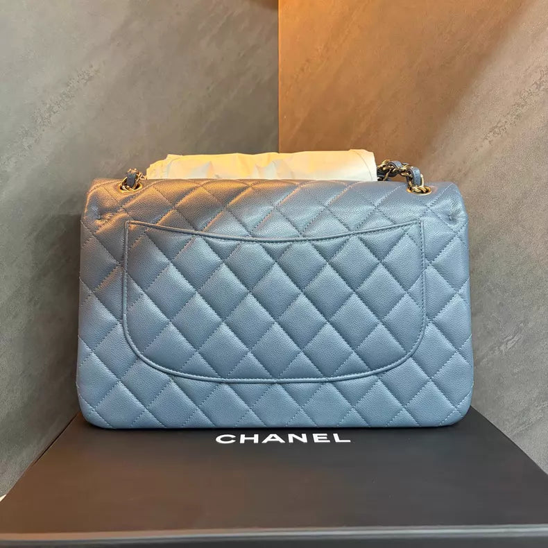 Chanel sky blue pebbled leather Cf Jumbo gold hardware