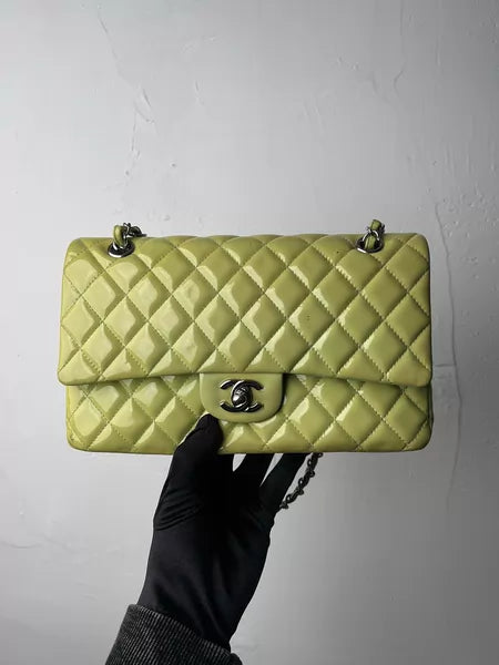 CHANEL Chanel CF medium patent leather green silver hardware