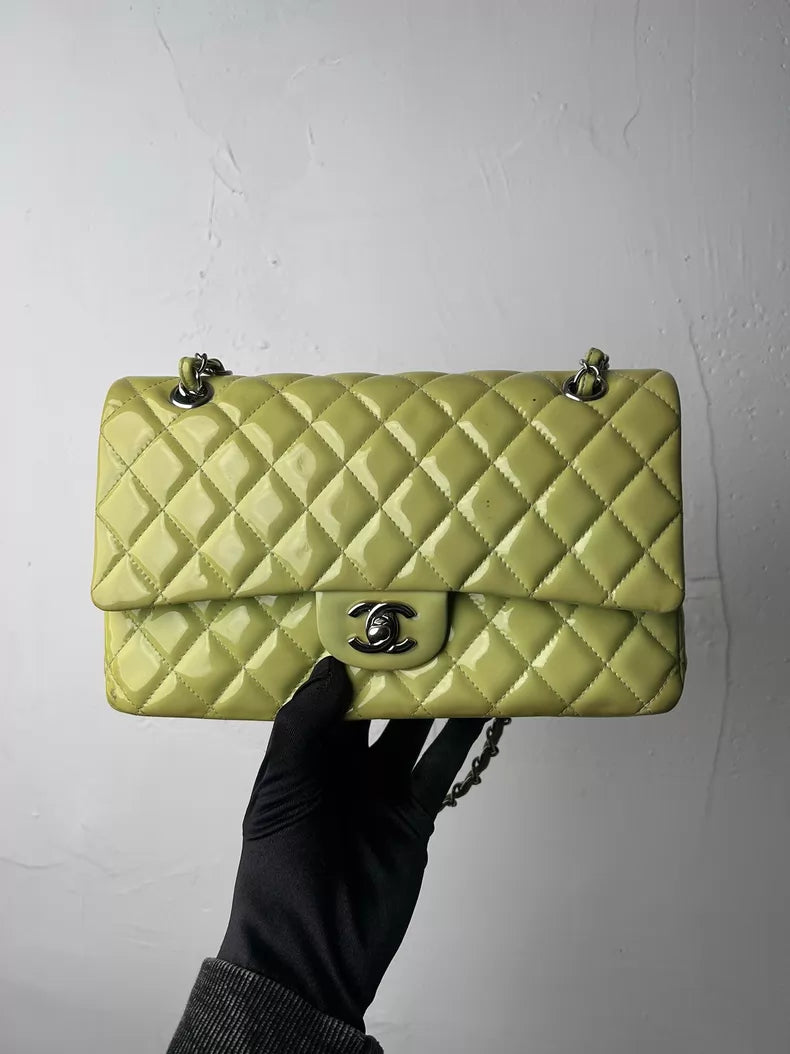 CHANEL Chanel CF medium patent leather green silver hardware