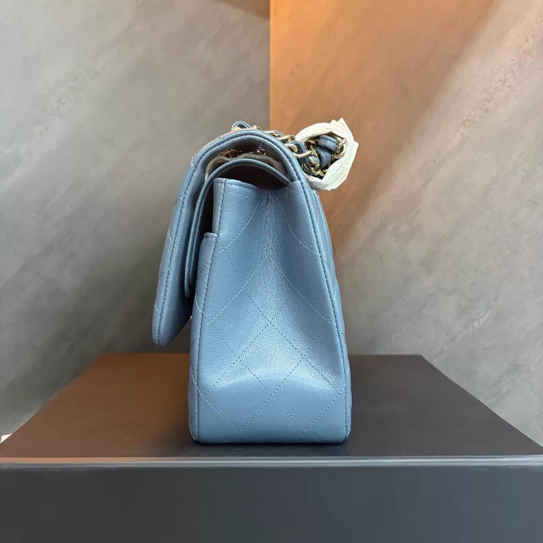 Chanel sky blue pebbled leather Cf Jumbo gold hardware