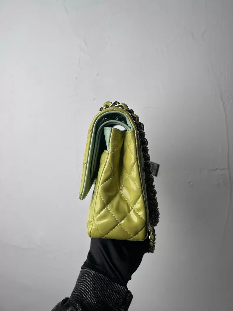 CHANEL Chanel CF medium patent leather green silver hardware