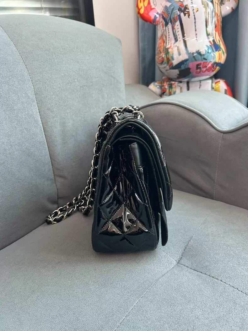 Chanel jumbo black silver hardware patent leather 98-99