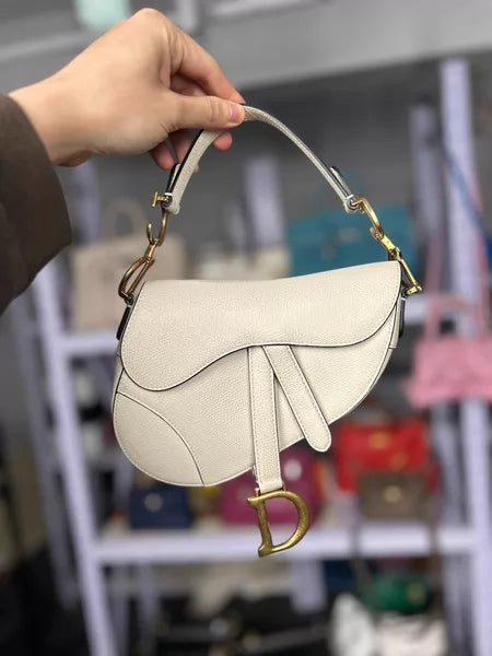 Dior+ Dior + + small + white pebbled leather leather gold hardware handbag