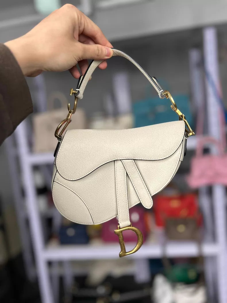 Dior+ Dior + + small + white pebbled leather leather gold hardware handbag
