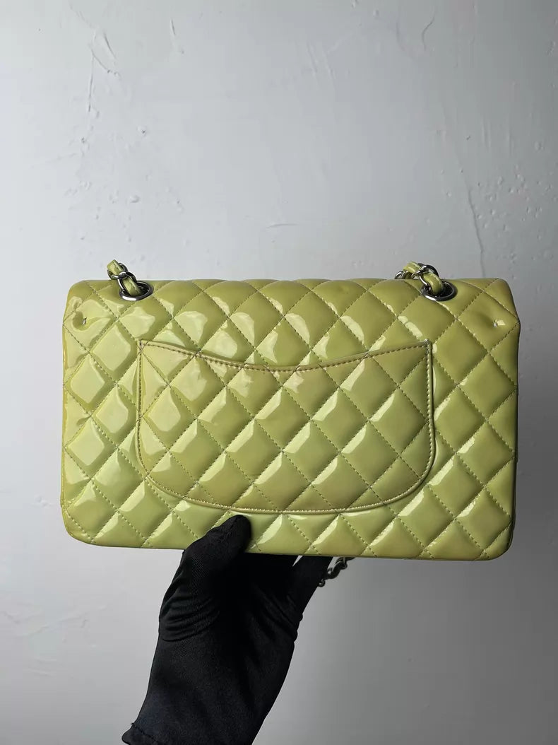 CHANEL Chanel CF medium patent leather green silver hardware