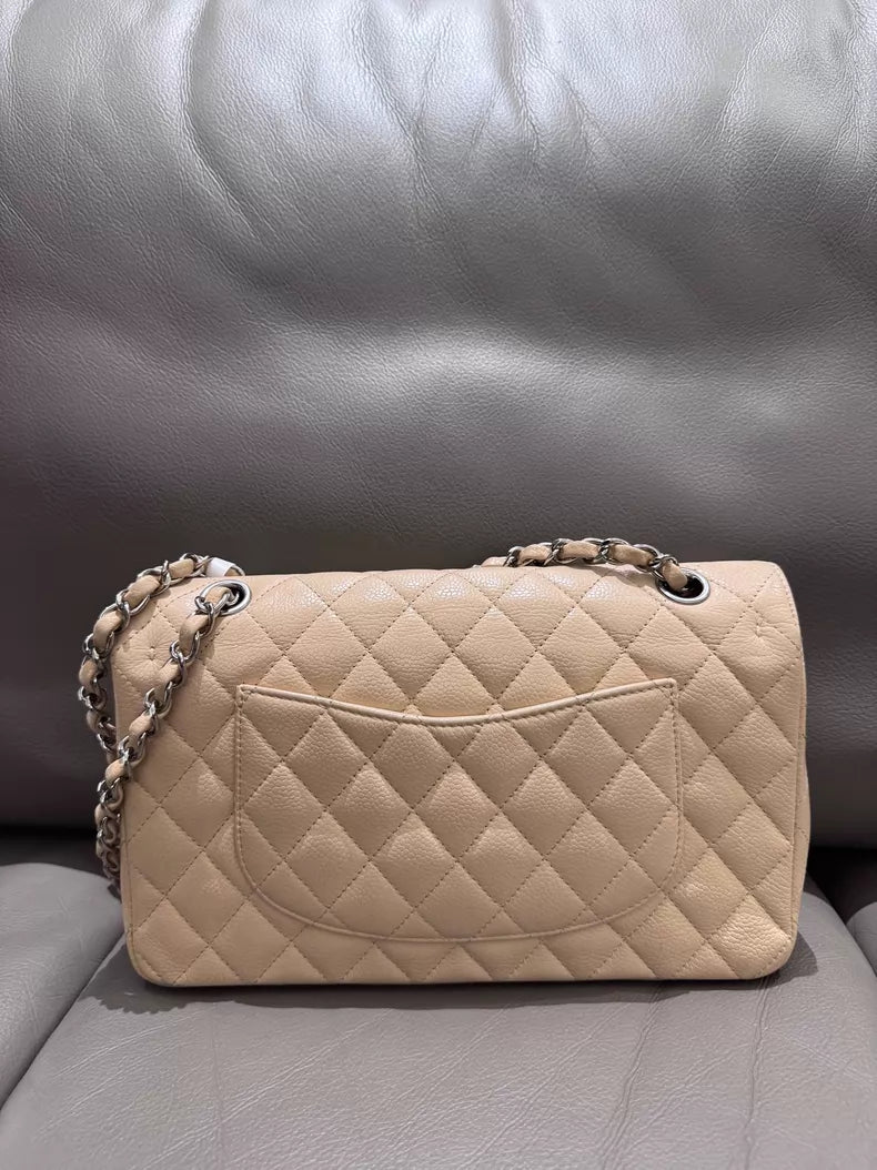 99新香奈儿/Chanel CF 中号米色银扣荔枝纹牛皮链条