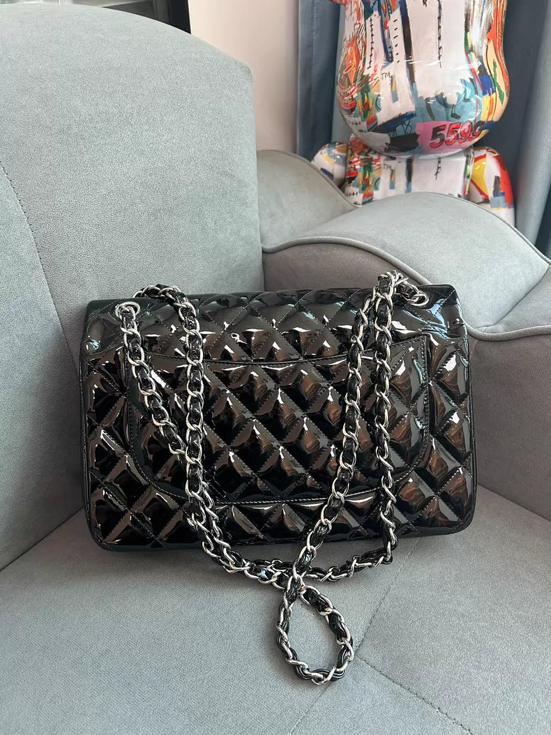 Chanel jumbo black silver hardware patent leather 98-99