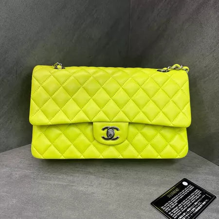 Chanel/ Chanel cf medium neon yellow silver hardware lambskin 31