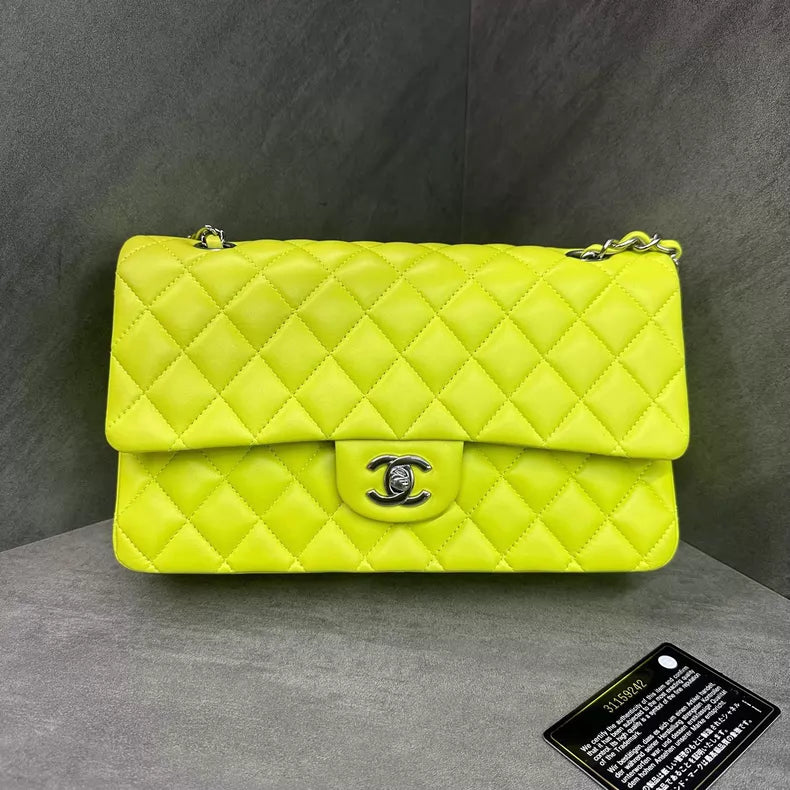 Chanel/ Chanel cf medium neon yellow silver hardware lambskin 31