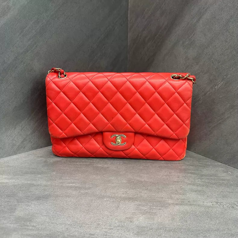 CHANEL Chanel cf jumbo orange red lambskin
