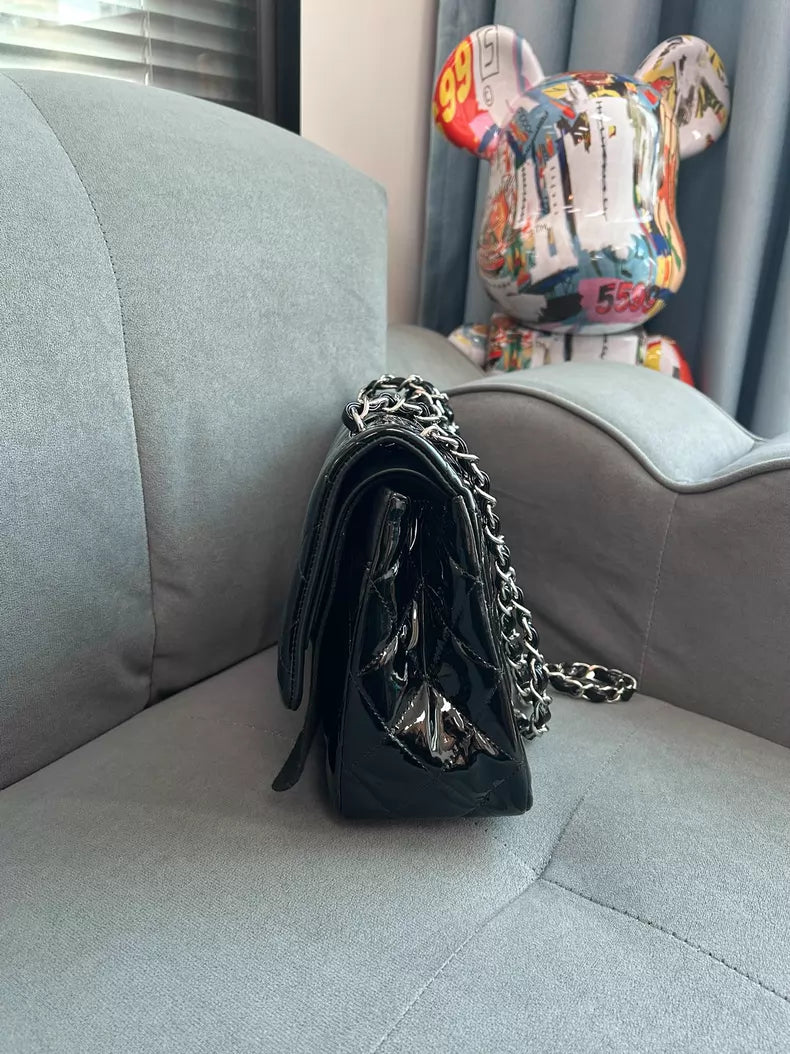 Chanel jumbo black silver hardware patent leather 98-99