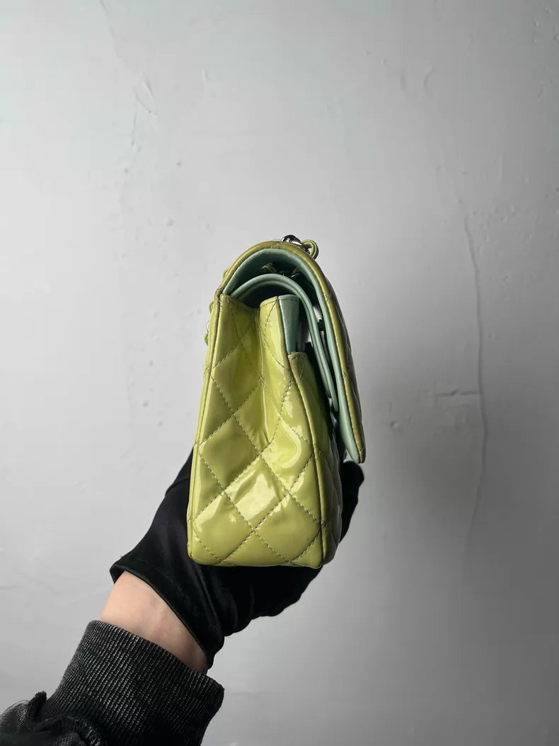 CHANEL Chanel CF medium patent leather green silver hardware
